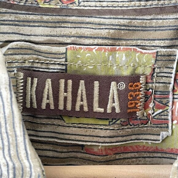 Kahala 1936 Tan/BrownTropical Stripe Print Casual Button Down Shirt Sz  … - Picture 5 of 7